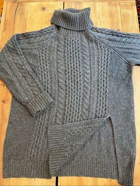 NAADAM L Gray Cable Knit Cashmere & Wool Side Slit Sweater Fishermans Turtleneck